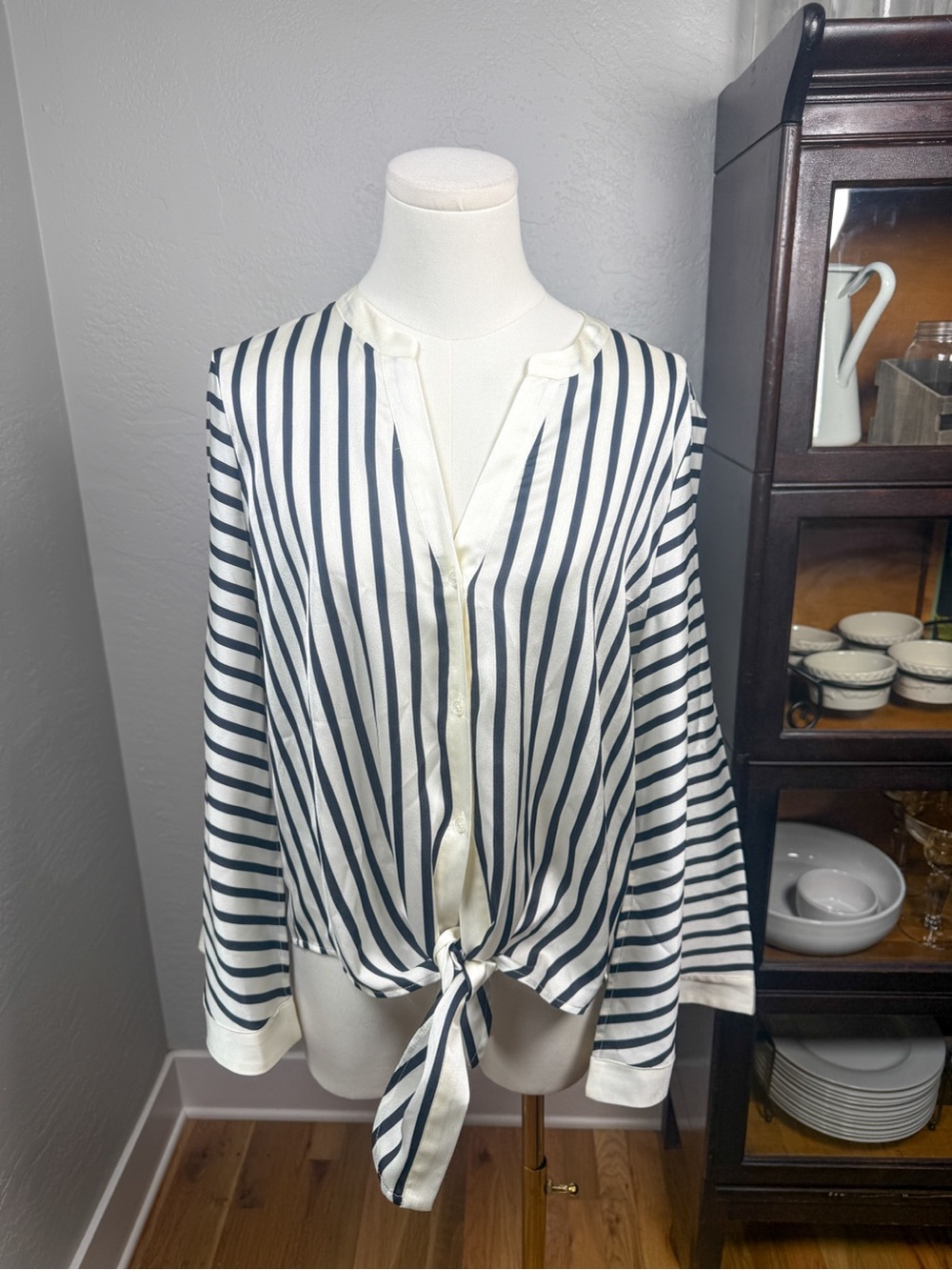 Halogen Ivory Black Striped Tie Front Button Blouse Long Sleeve Size L